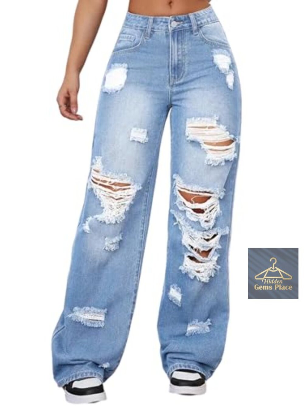 High Waisted Wide Leg Ripped Jeans Stretchy Distressed Y2K Baggy Boyfriend